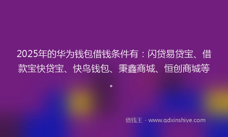 2025年的华为钱包借钱条件有：闪贷易贷宝、借款宝快贷宝、快鸟钱包、秉鑫商城、恒创商城等。