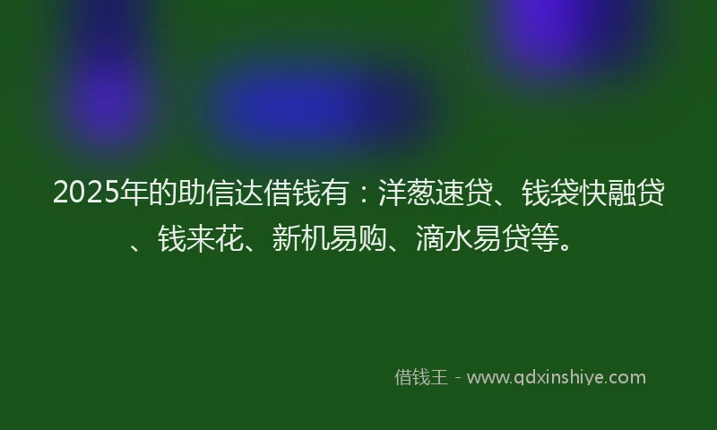 2025年的助信达借钱有：洋葱速贷、钱袋快融贷、钱来花、新机易购、滴水易贷等。