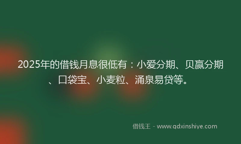 2025年的借钱月息很低有：小爱分期、贝赢分期、口袋宝、小麦粒、涌泉易贷等。
