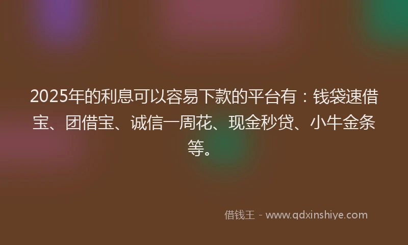 2025年的利息可以容易下款的平台有：钱袋速借宝、团借宝、诚信一周花、现金秒贷、小牛金条等。