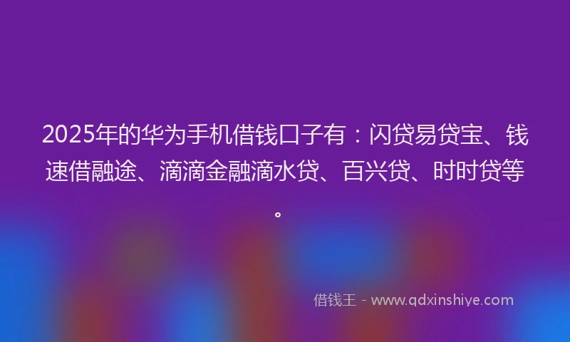 2025年的华为手机借钱口子有：闪贷易贷宝、钱速借融途、滴滴金融滴水贷、百兴贷、时时贷等。