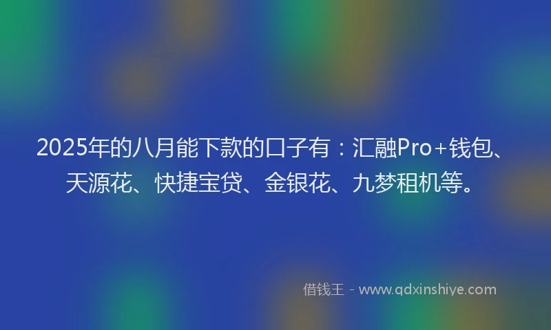 2025年的八月能下款的口子有：汇融Pro+钱包、天源花、快捷宝贷、金银花、九梦租机等。