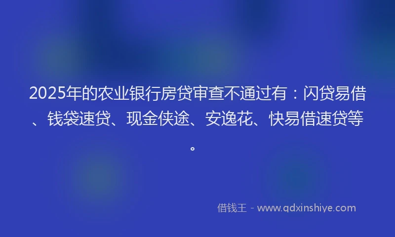 2025年的农业银行房贷审查不通过有：闪贷易借、钱袋速贷、现金侠途、安逸花、快易借速贷等。