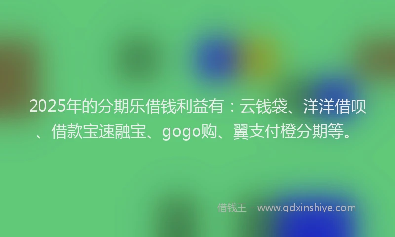 2025年的分期乐借钱利益有：云钱袋、洋洋借呗、借款宝速融宝、gogo购、翼支付橙分期等。