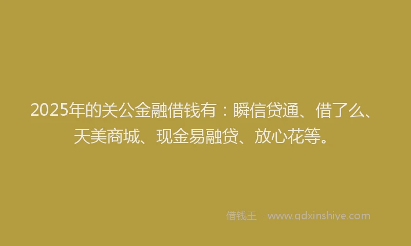 2025年的关公金融借钱有：瞬信贷通、借了么、天美商城、现金易融贷、放心花等。