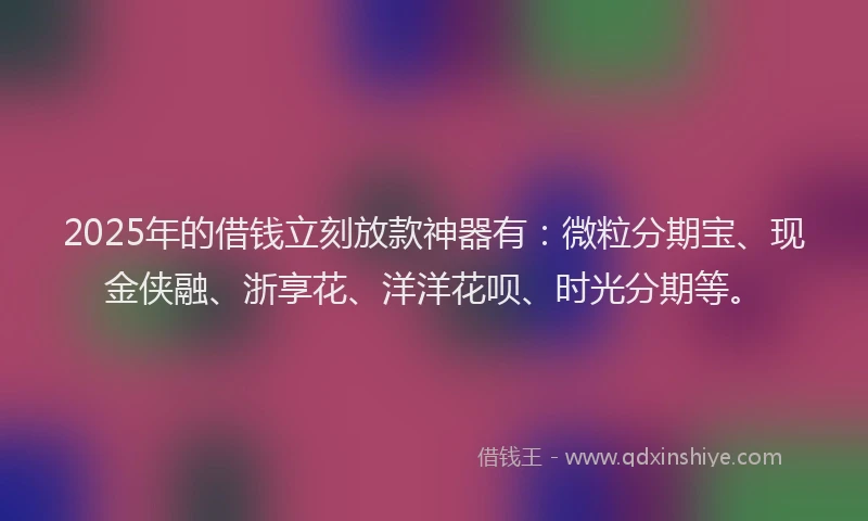 2025年的借钱立刻放款神器有：微粒分期宝、现金侠融、浙享花、洋洋花呗、时光分期等。