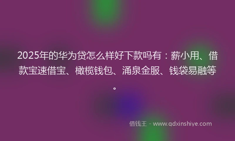 2025年的华为贷怎么样好下款吗有：薪小用、借款宝速借宝、橄榄钱包、涌泉金服、钱袋易融等。