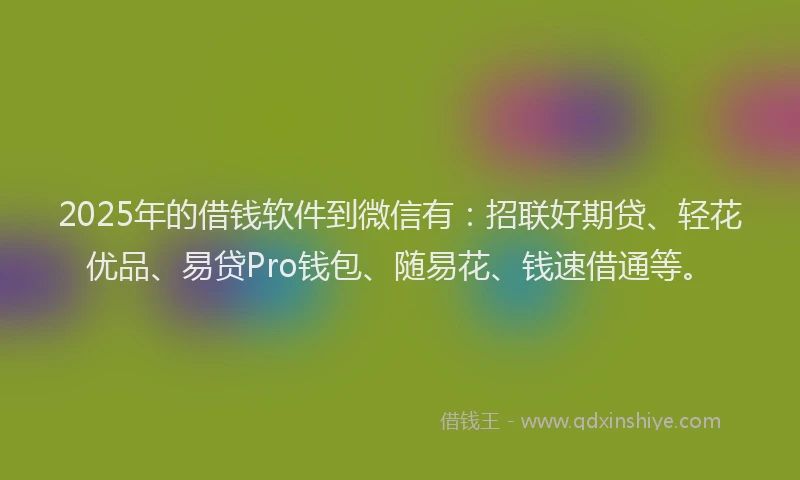 2025年的借钱软件到微信有：招联好期贷、轻花优品、易贷Pro钱包、随易花、钱速借通等。