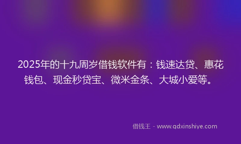 2025年的十九周岁借钱软件有：钱速达贷、惠花钱包、现金秒贷宝、微米金条、大城小爱等。