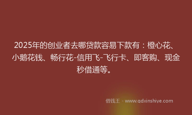 2025年的创业者去哪贷款容易下款有：橙心花、小鹅花钱、畅行花-信用飞-飞行卡、即客购、现金秒借通等。
