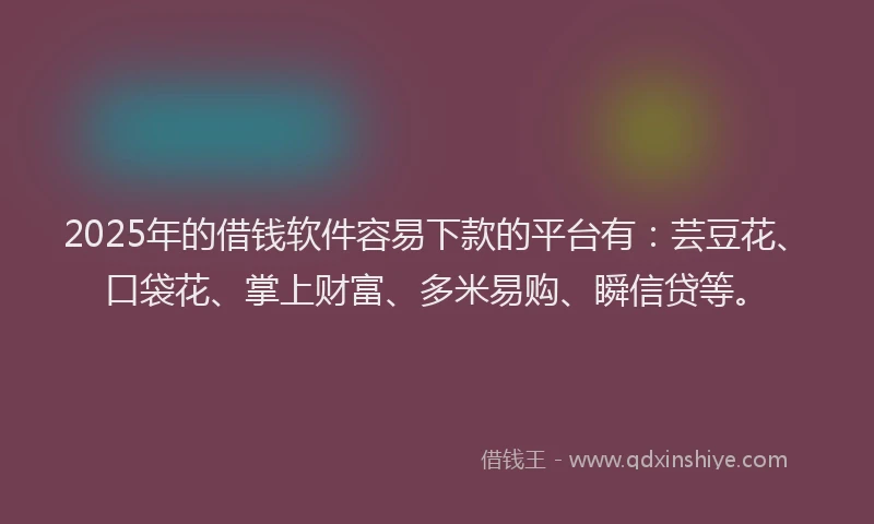 2025年的借钱软件容易下款的平台有：芸豆花、口袋花、掌上财富、多米易购、瞬信贷等。