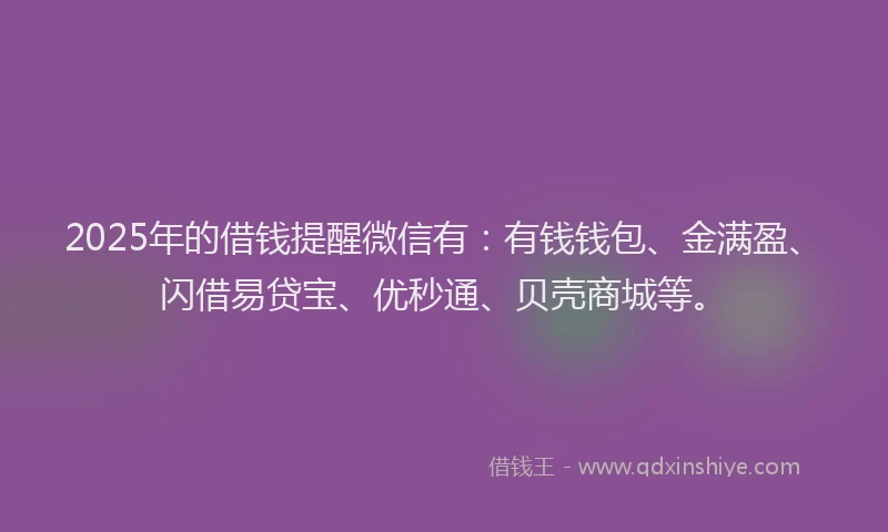 2025年的借钱提醒微信有：有钱钱包、金满盈、闪借易贷宝、优秒通、贝壳商城等。