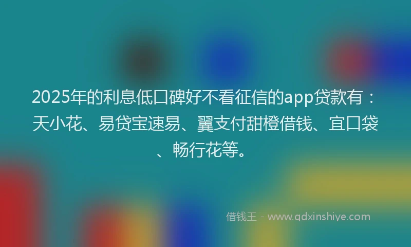 2025年的利息低口碑好不看征信的app贷款有：天小花、易贷宝速易、翼支付甜橙借钱、宜口袋、畅行花等。
