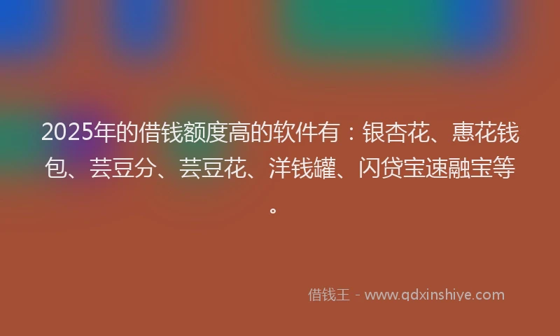2025年的借钱额度高的软件有：银杏花、惠花钱包、芸豆分、芸豆花、洋钱罐、闪贷宝速融宝等。