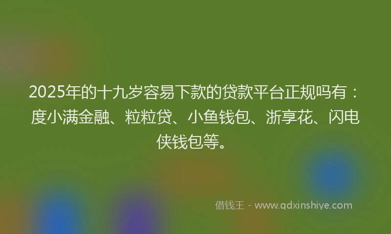 2025年的十九岁容易下款的贷款平台正规吗有：度小满金融、粒粒贷、小鱼钱包、浙享花、闪电侠钱包等。