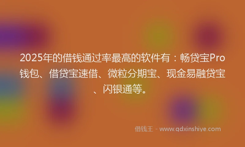 2025年的借钱通过率最高的软件有：畅贷宝Pro钱包、借贷宝速借、微粒分期宝、现金易融贷宝、闪银通等。