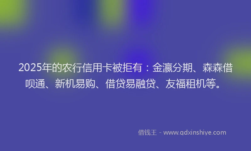 2025年的农行信用卡被拒有：金瀛分期、森森借呗通、新机易购、借贷易融贷、友福租机等。