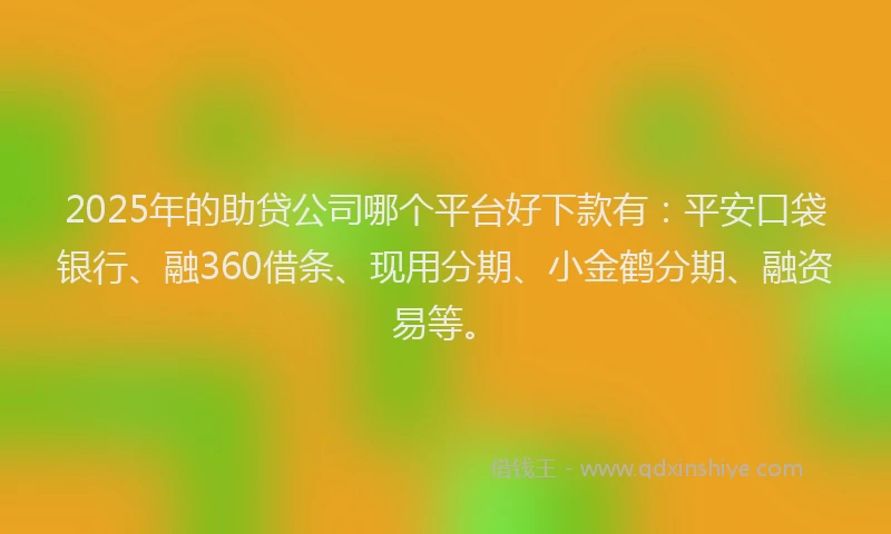 2025年的助贷公司哪个平台好下款有：平安口袋银行、融360借条、现用分期、小金鹤分期、融资易等。