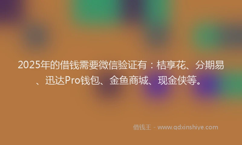 2025年的借钱需要微信验证有：桔享花、分期易、迅达Pro钱包、金鱼商城、现金侠等。