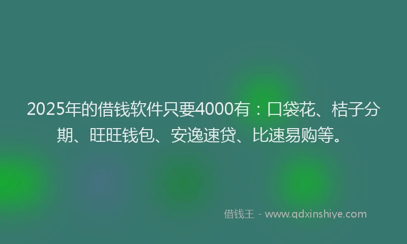 2025年的借钱软件只要4000有：口袋花、桔子分期、旺旺钱包、安逸速贷、比速易购等。