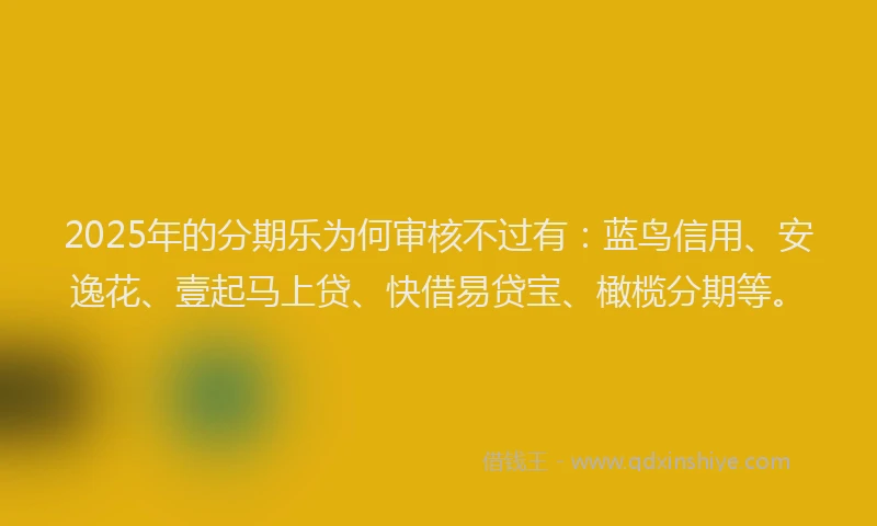 2025年的分期乐为何审核不过有：蓝鸟信用、安逸花、壹起马上贷、快借易贷宝、橄榄分期等。