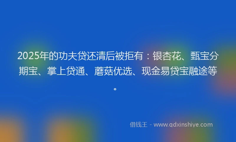 2025年的功夫贷还清后被拒有：银杏花、甄宝分期宝、掌上贷通、蘑菇优选、现金易贷宝融途等。