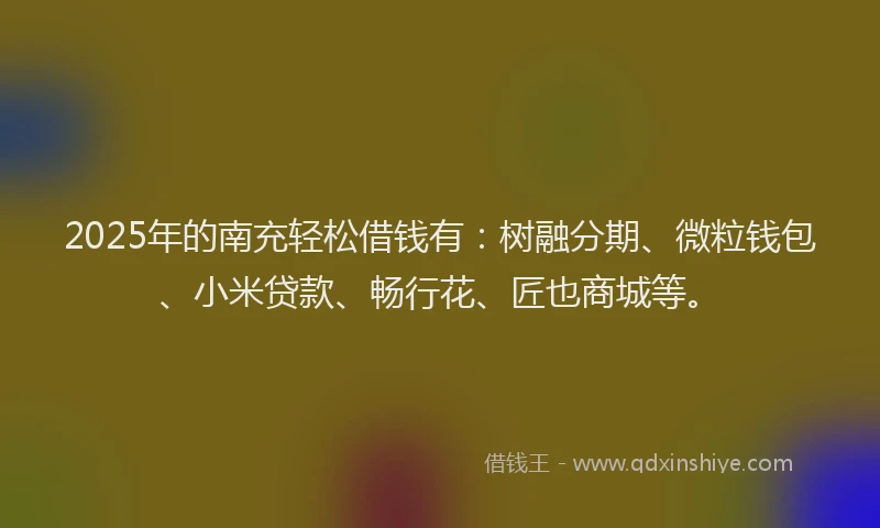 2025年的南充轻松借钱有：树融分期、微粒钱包、小米贷款、畅行花、匠也商城等。