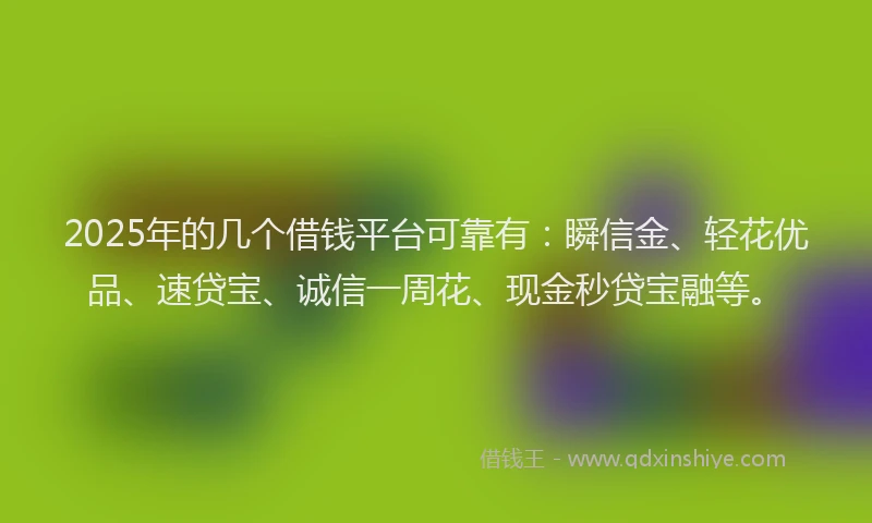 2025年的几个借钱平台可靠有：瞬信金、轻花优品、速贷宝、诚信一周花、现金秒贷宝融等。
