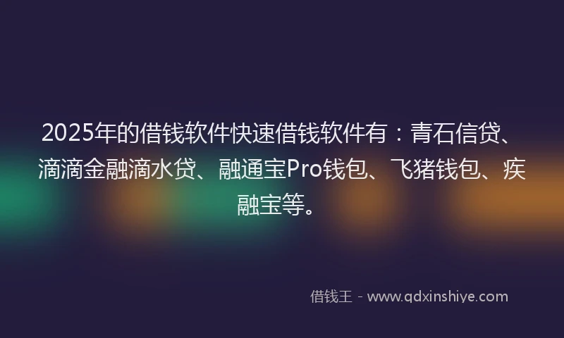 2025年的借钱软件快速借钱软件有：青石信贷、滴滴金融滴水贷、融通宝Pro钱包、飞猪钱包、疾融宝等。
