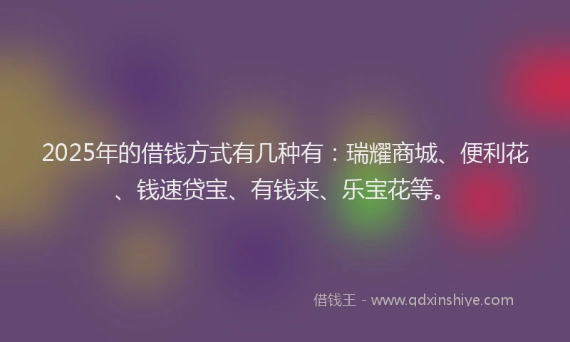 2025年的借钱方式有几种有：瑞耀商城、便利花、钱速贷宝、有钱来、乐宝花等。