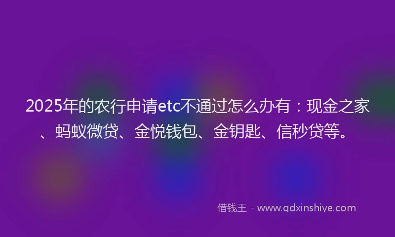 2025年的农行申请etc不通过怎么办有：现金之家、蚂蚁微贷、金悦钱包、金钥匙、信秒贷等。
