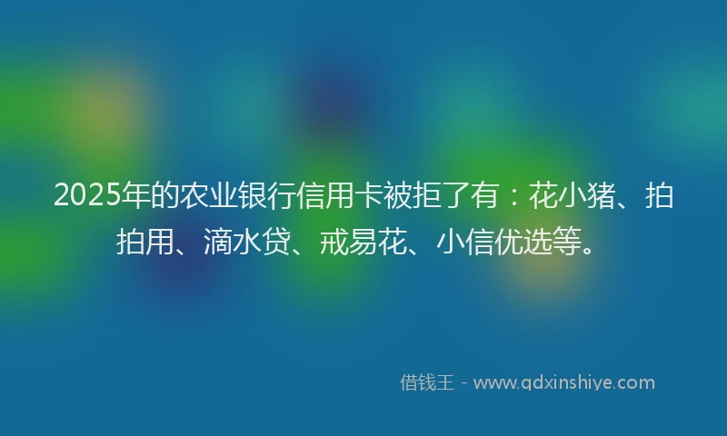 2025年的农业银行信用卡被拒了有：花小猪、拍拍用、滴水贷、戒易花、小信优选等。