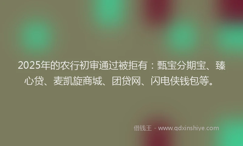 2025年的农行初审通过被拒有：甄宝分期宝、臻心贷、麦凯旋商城、团贷网、闪电侠钱包等。