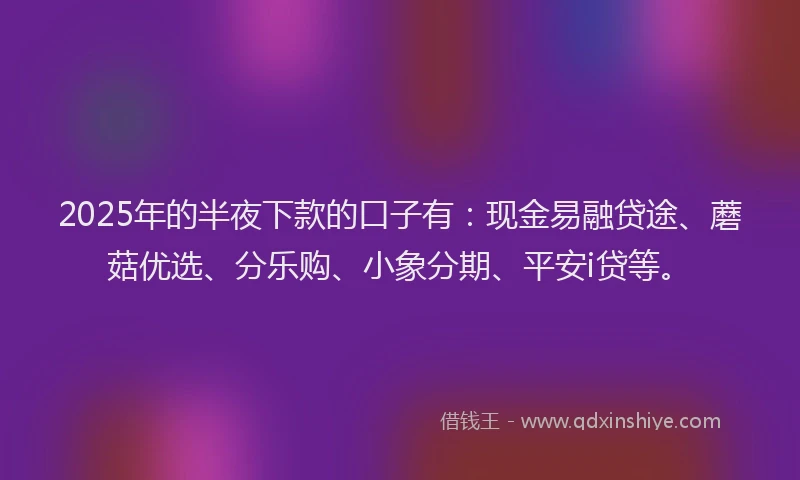 2025年的半夜下款的口子有：现金易融贷途、蘑菇优选、分乐购、小象分期、平安i贷等。