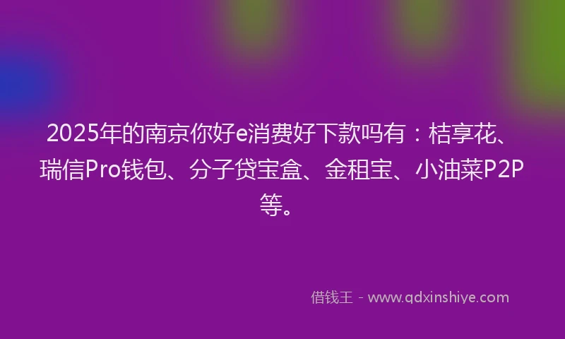 2025年的南京你好e消费好下款吗有：桔享花、瑞信Pro钱包、分子贷宝盒、金租宝、小油菜P2P等。