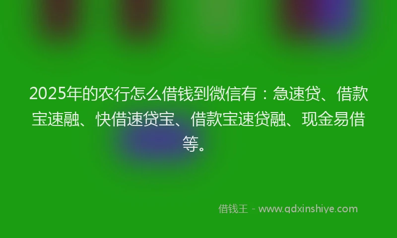 2025年的农行怎么借钱到微信有：急速贷、借款宝速融、快借速贷宝、借款宝速贷融、现金易借等。