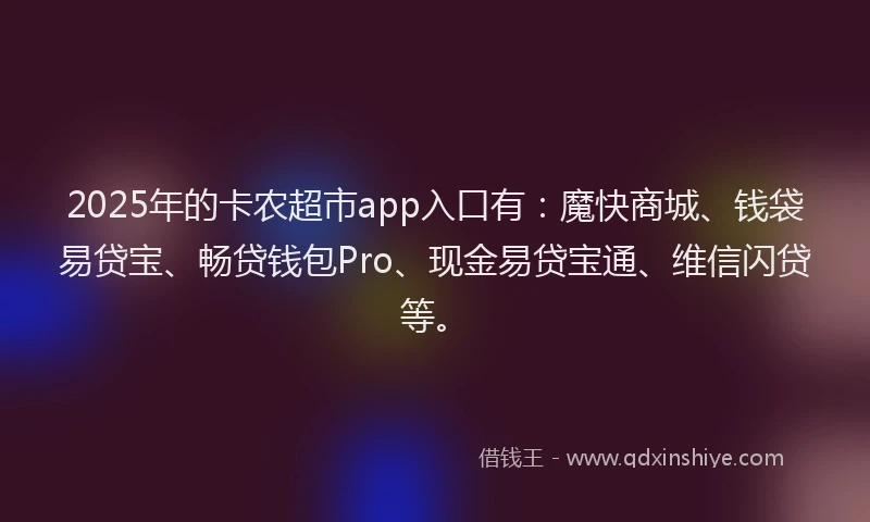 2025年的卡农超市app入口有：魔快商城、钱袋易贷宝、畅贷钱包Pro、现金易贷宝通、维信闪贷等。