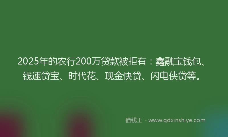 2025年的农行200万贷款被拒有：鑫融宝钱包、钱速贷宝、时代花、现金快贷、闪电侠贷等。