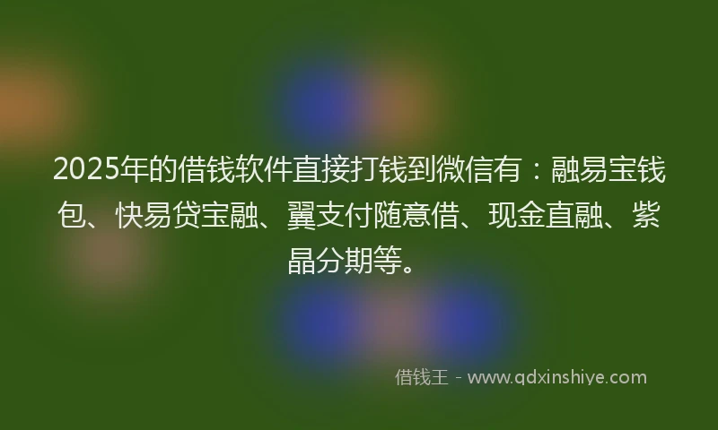2025年的借钱软件直接打钱到微信有：融易宝钱包、快易贷宝融、翼支付随意借、现金直融、紫晶分期等。