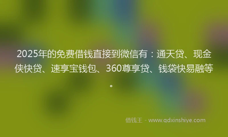 2025年的免费借钱直接到微信有：通天贷、现金侠快贷、速享宝钱包、360尊享贷、钱袋快易融等。