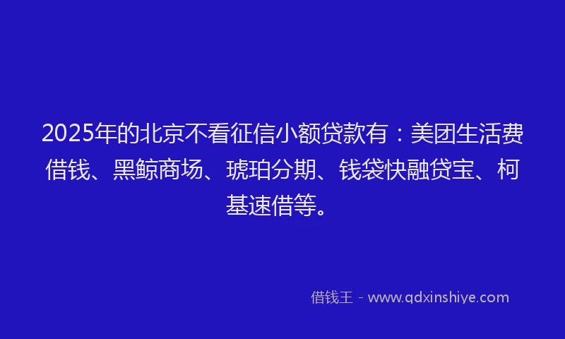 2025年的北京不看征信小额贷款有：美团生活费借钱、黑鲸商场、琥珀分期、钱袋快融贷宝、柯基速借等。