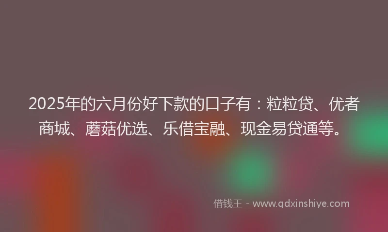 2025年的六月份好下款的口子有：粒粒贷、优者商城、蘑菇优选、乐借宝融、现金易贷通等。