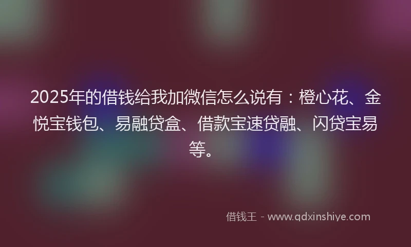 2025年的借钱给我加微信怎么说有：橙心花、金悦宝钱包、易融贷盒、借款宝速贷融、闪贷宝易等。