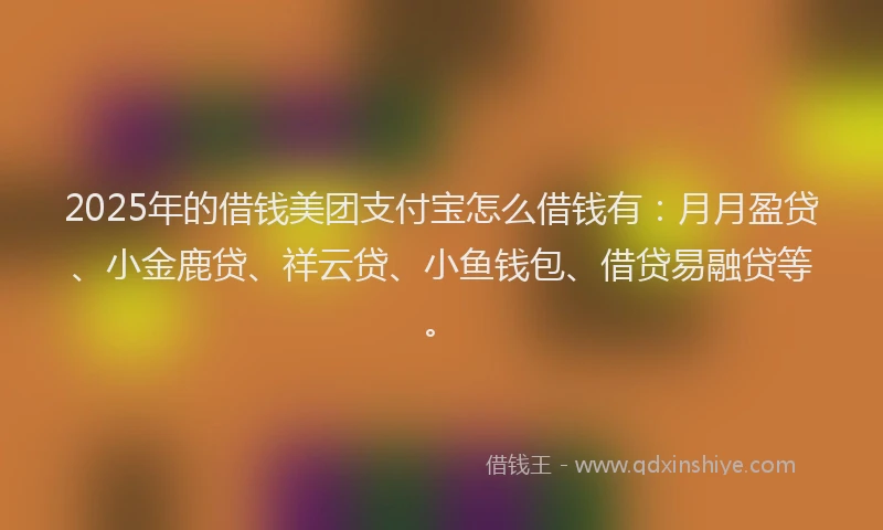 2025年的借钱美团支付宝怎么借钱有：月月盈贷、小金鹿贷、祥云贷、小鱼钱包、借贷易融贷等。