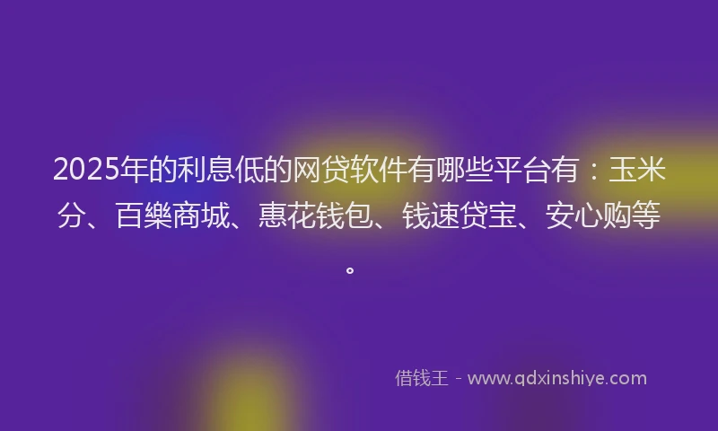 2025年的利息低的网贷软件有哪些平台有：玉米分、百樂商城、惠花钱包、钱速贷宝、安心购等。