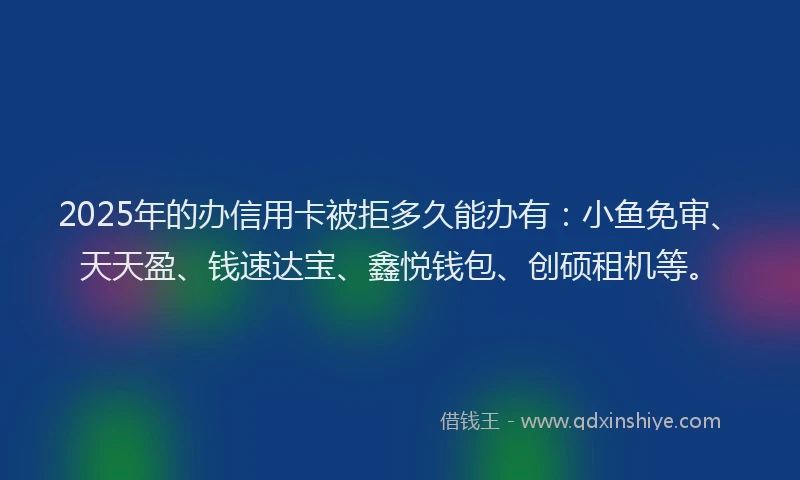 2025年的办信用卡被拒多久能办有：小鱼免审、天天盈、钱速达宝、鑫悦钱包、创硕租机等。
