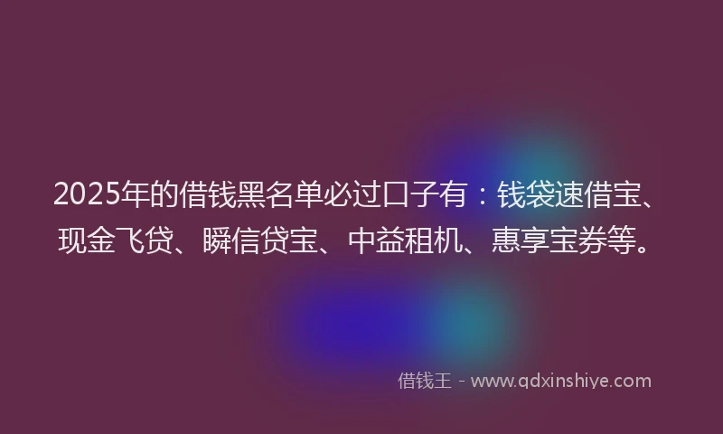 2025年的借钱黑名单必过口子有：钱袋速借宝、现金飞贷、瞬信贷宝、中益租机、惠享宝券等。