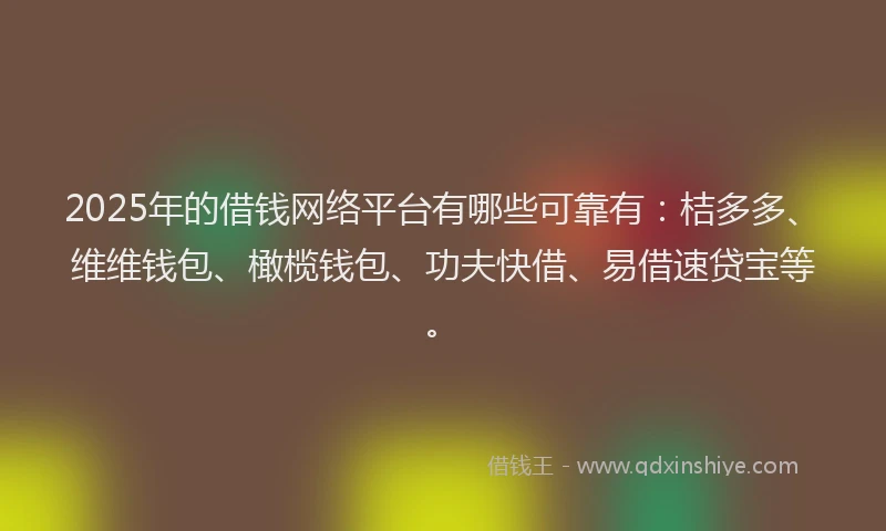 2025年的借钱网络平台有哪些可靠有：桔多多、维维钱包、橄榄钱包、功夫快借、易借速贷宝等。
