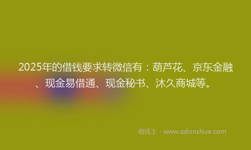 2025年的借钱要求转微信有：葫芦花、京东金融、现金易借通、现金秘书、沐久商城等。