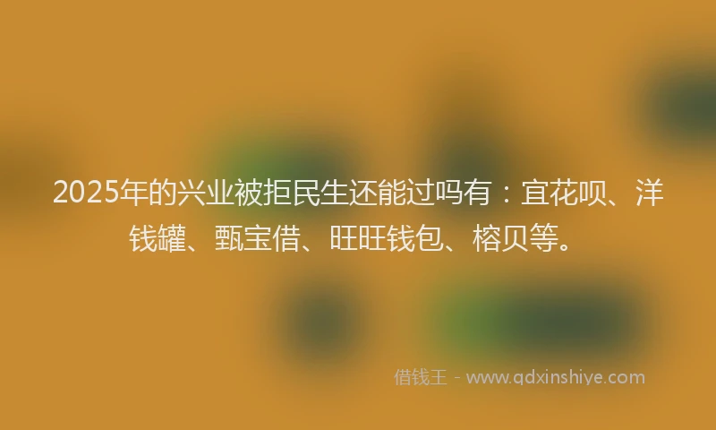 2025年的兴业被拒民生还能过吗有：宜花呗、洋钱罐、甄宝借、旺旺钱包、榕贝等。